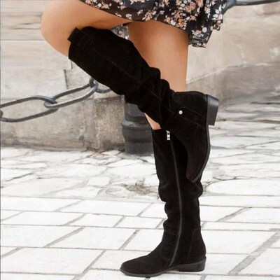 2023 New Fashion Low Heel Side Zip Size 43 Suede Thigh High