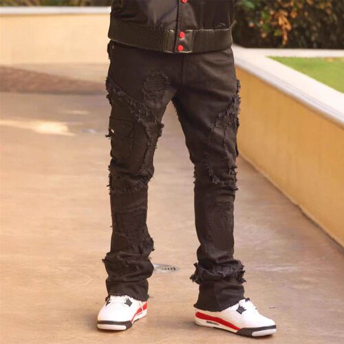 Mens ripped slightly flared fringe stretch jeans T