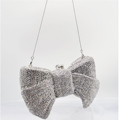 Luxury Novelty Bow Clutch Crystal Evening Bags Silver Bowkno