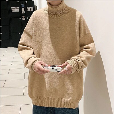 Knitted Warm Sweater Men Turtleneck Sweater Mens Loose Casu