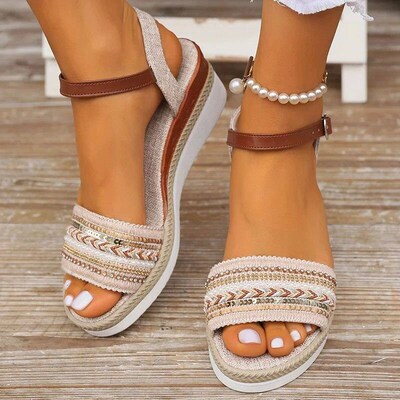 Womens Braided Casual Sandals Buckle Strap Platform Wedge