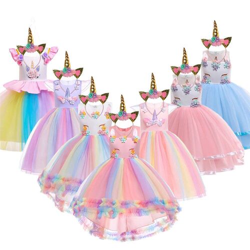 Colorful Girls Unicorn Dress Pastel Rainbow Tulle Princess G