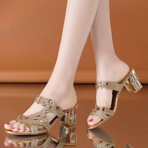 ashion Rhinestone High Heel Slippers for Women Open Toe