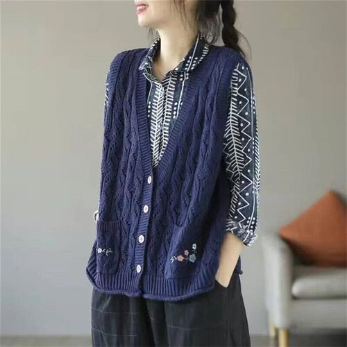 Autumn Sweater Vest Women Design Side-button Spring Vintage