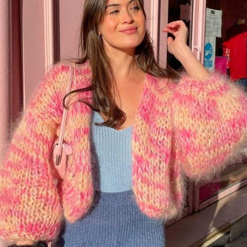 New Pink Striped Autumn Front Open Sweaters Long Lantern
