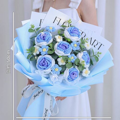 Knitting wool bouquet Gradient color rose eternal flower Bir