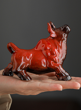 陶瓷红色牛摆件招财办公桌桌面家居饰品小号生肖牛年吉祥物摆设