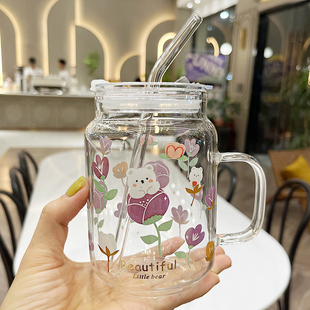 玻璃杯带吸管杯子女生办公室大容量喝水杯耐高温牛奶杯夏季冷饮杯