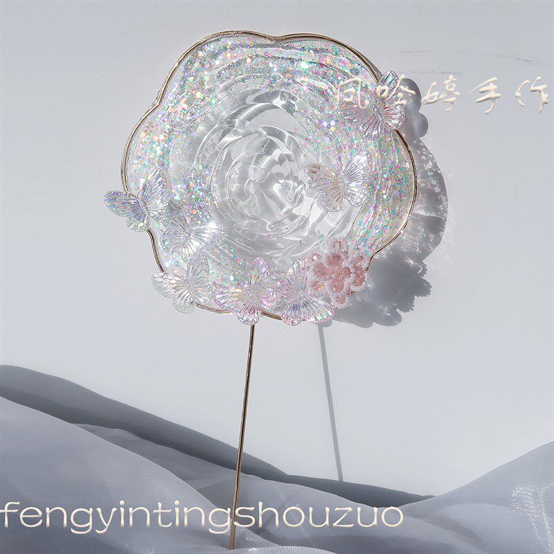 水扇透明桃花流水团扇古典扇子古风透明梅花形流苏古装汉服古装扇