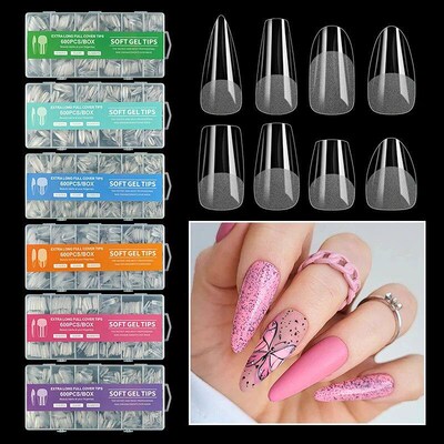 600PCS Semi-frosted No Crease Long Fake Nails Almond French