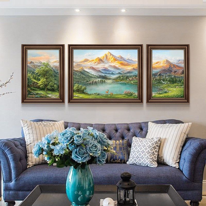 聚宝盆山水画客厅装饰画沙发背景墙挂画三联画高级感油画20新款,家居饰品,现代装饰画,淘宝优惠券,粉丝福利购,淘宝优惠卷