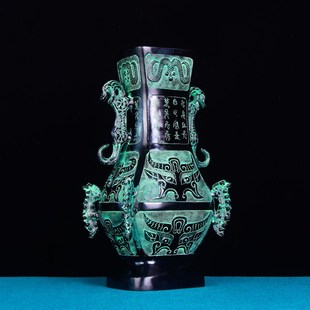 青铜器仿古摆件兽面方壶花瓶花插酒器汉婚装饰礼品室内桌面定制