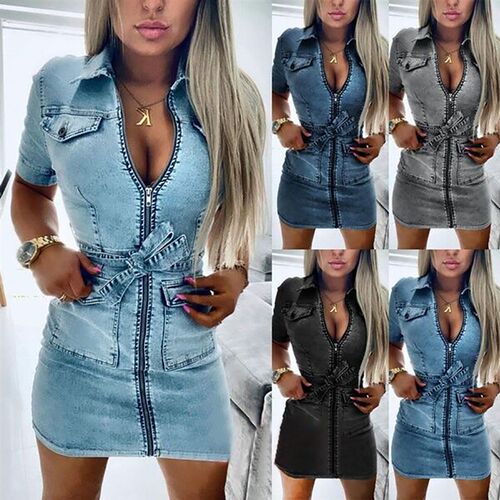 Women Fashion Short Sleeve Denim Dress Front Zipper Bandage