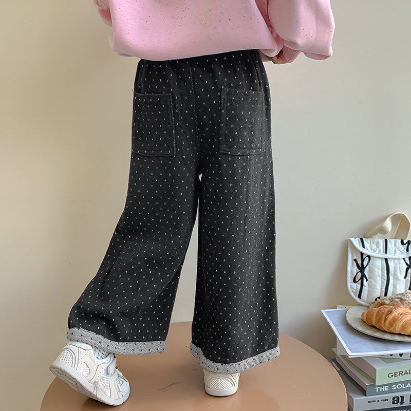 女童加绒裤子2024新款冬装儿童圆点牛仔裤秋冬洋气女孩宽松直筒裤