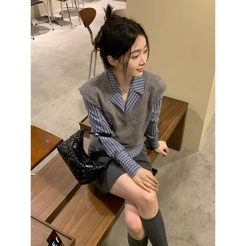 早秋冬季新款学院风搭配一整套毛衣马甲衬衫短裙子两件套装女时尚
