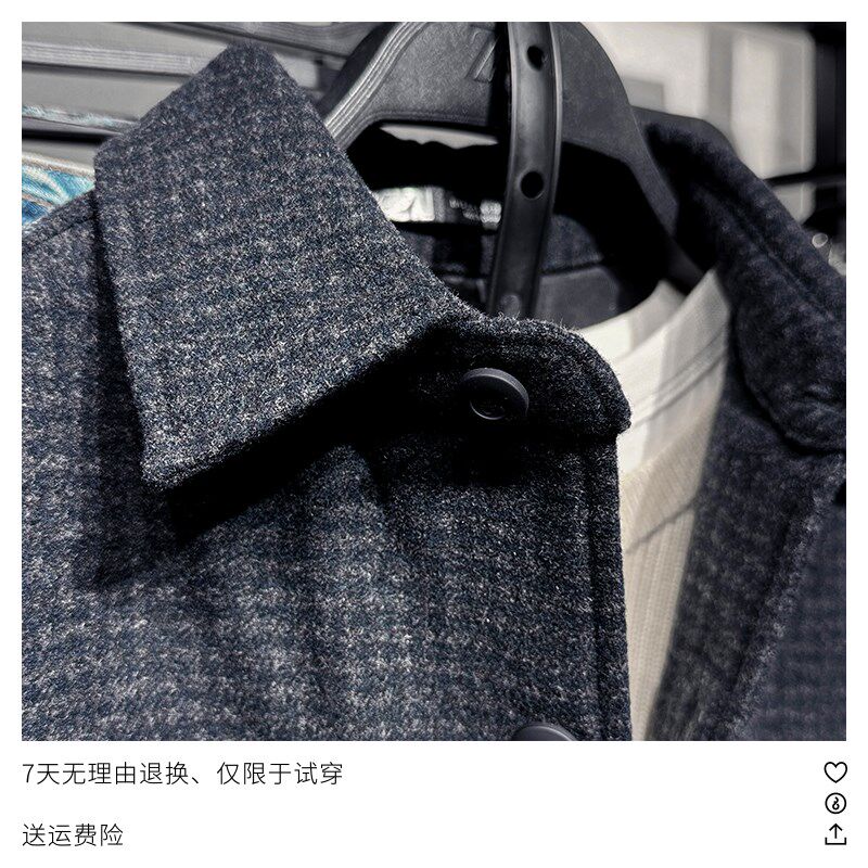 2024秋冬新品男装羊毛呢宽松格纹工装风长袖加棉衬衫外套7380220