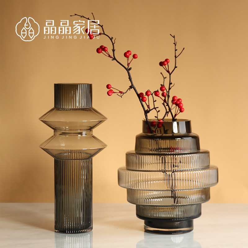 北欧新中式塔型半透明灰禅意玻璃插花器玄关书柜茶几花瓶摆件饰品