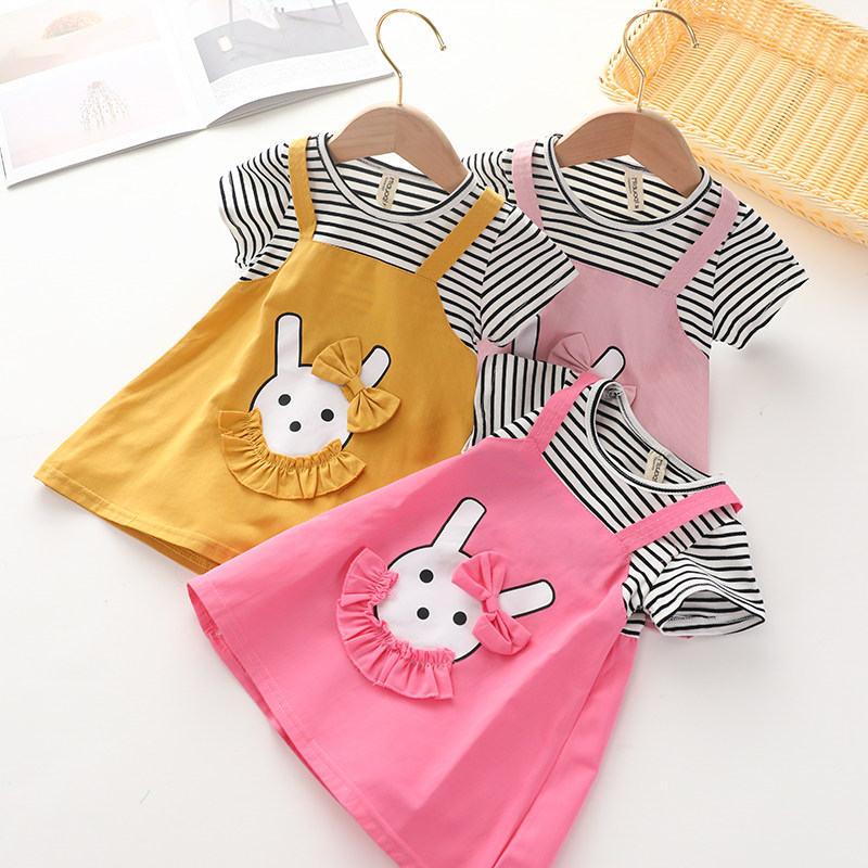 儿童女小童夏装公主连衣裙新款条纹卡通兔子纯棉假两件宝宝裙子潮,童装/婴儿装/亲子装,连衣裙,淘宝优惠券,粉丝福利购,淘宝优惠卷
