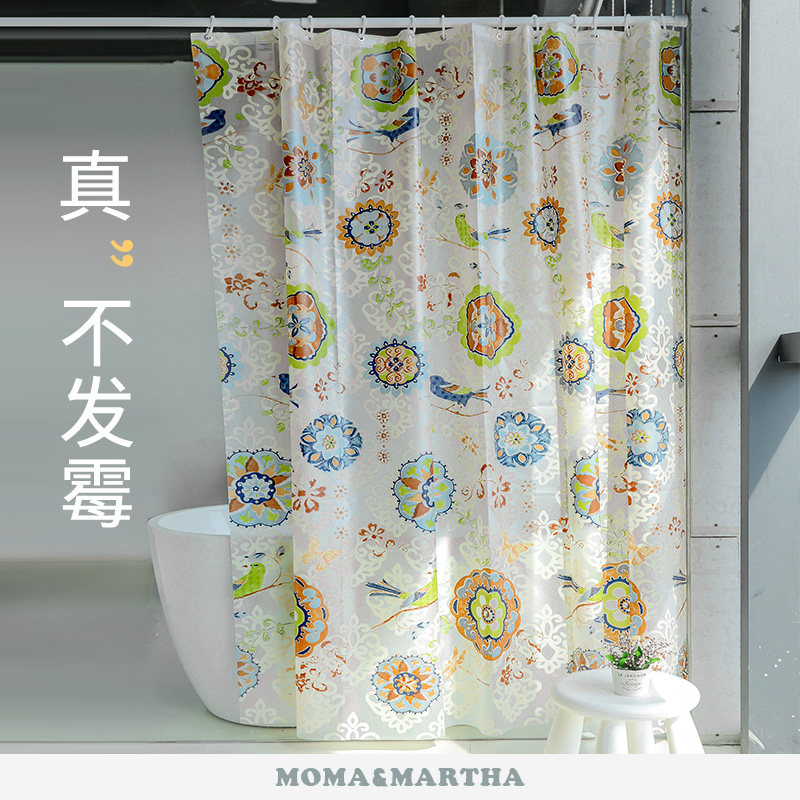 默玛EVA加厚防霉浴帘中式花鸟复古风格含C型挂钩