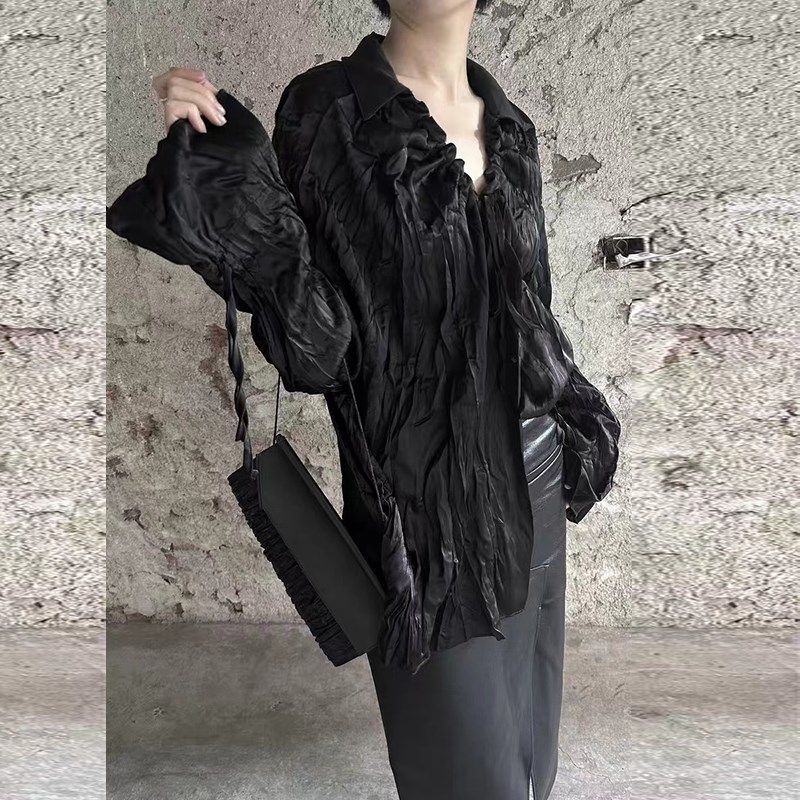 山本小众冷淡风抽绳褶皱长袖黑色衬衫女春季喇叭袖宽松肌理感上衣,女装/女士精品,衬衫,淘宝优惠券,粉丝福利购,淘宝优惠卷