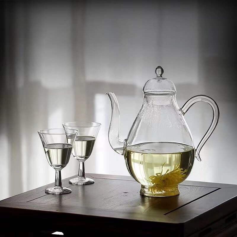 玻璃绿茶壶泡茶壶一壶两杯复古凉水壶仿宋手执壶高脚茶杯玻璃酒壶