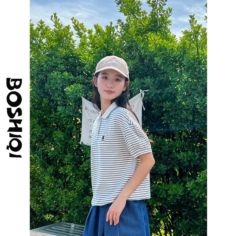 高中生短袖T恤夏季新款少女孩2025初中学生条纹polo衬衫纯棉大童,女装/女士精品,T恤,淘宝优惠券,粉丝福利购,淘宝优惠卷