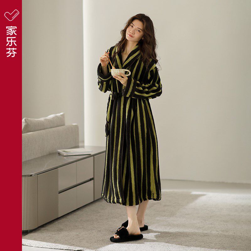 家乐芬睡袍女士睡衣浴袍秋冬季冬款法兰绒长款加厚加绒大码珊瑚绒