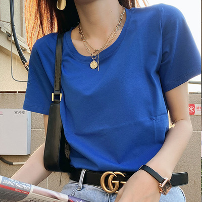 短袖t恤女士夏季上衣宽松纯棉浅黄色柠檬2021新款白色宝石蓝色