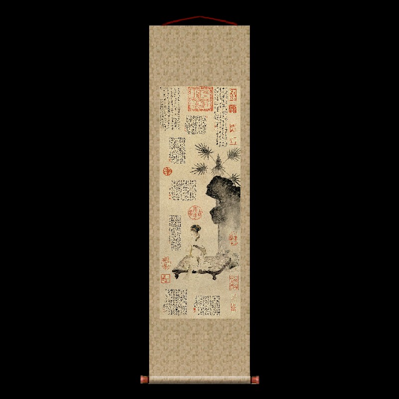 元赵孟吹箫仕女图卷轴挂画条幅画复制品国画中式装饰画玄关画