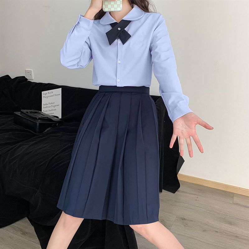 学生长袖衬衫百褶中长款半身裙长裙套装jk制服学院风大码班服女