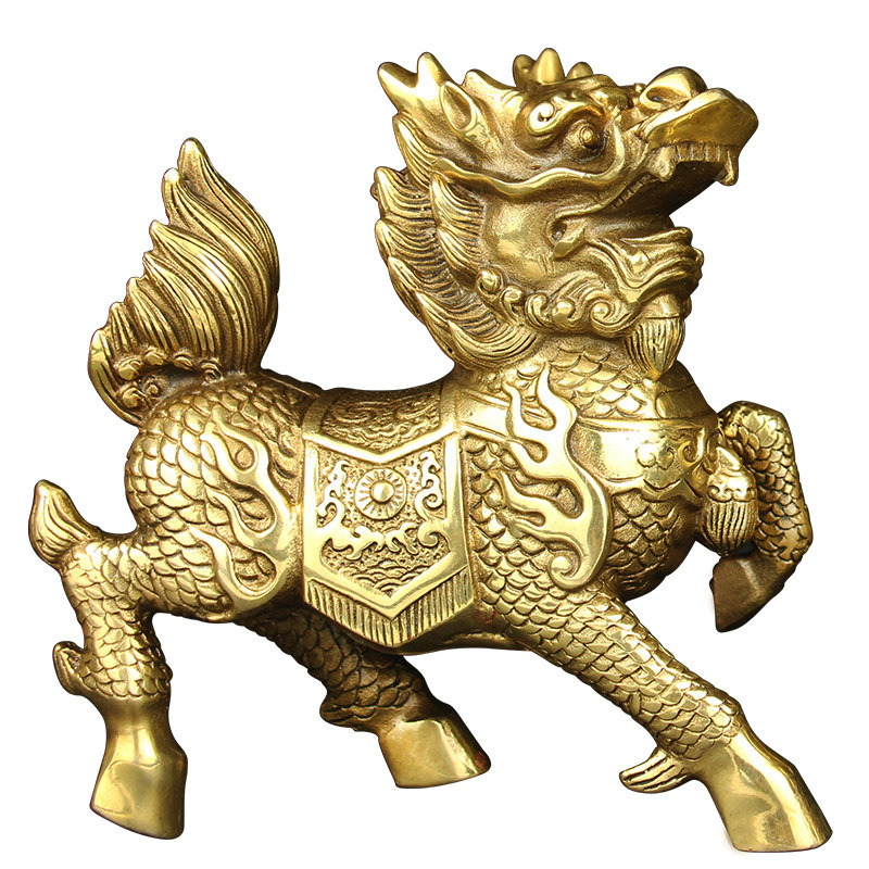 纯黄铜麒麟摆件大号一对鎭宅辟斜火麒麟招財送子中式家居客厅卧室
