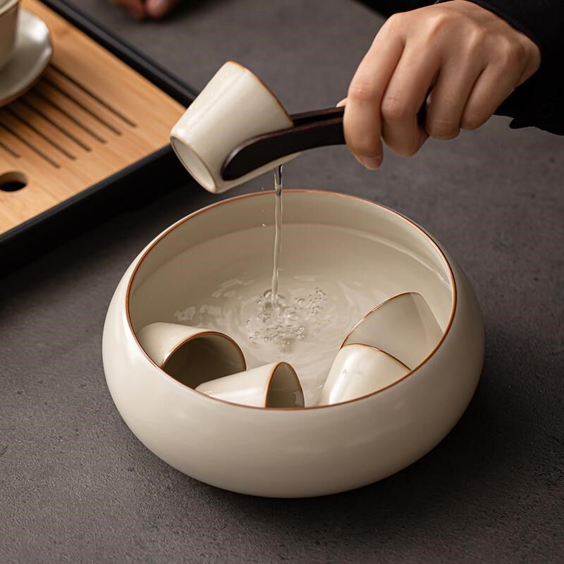 米黄汝碗窑汝瓷茶洗缸特茶水桶收纳客厅建水盂陶瓷茶废水缸茶杯盆