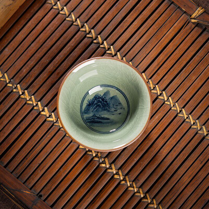 釉下彩青花手绘山水主人杯手工茶杯陶瓷中国风茶具铃铛杯功夫茶杯
