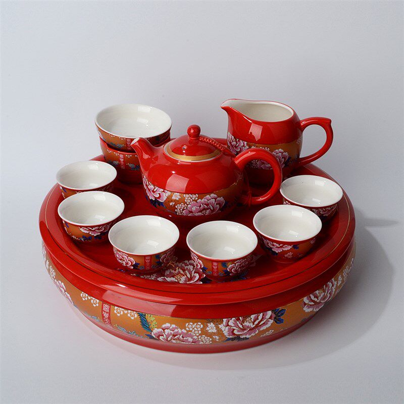 红色牡丹黄玫瑰中式结婚茶具礼盒套装陶瓷茶碗茶杯吉祥喜庆礼品