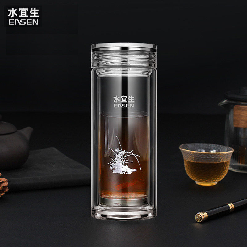 水宜生兰草玻璃杯双层茶杯男士高档加厚隔热功能水杯透明泡茶水杯