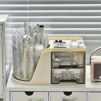 1pc Large Capacity Rotating Pen Holder, Pen Bucket Box Offic