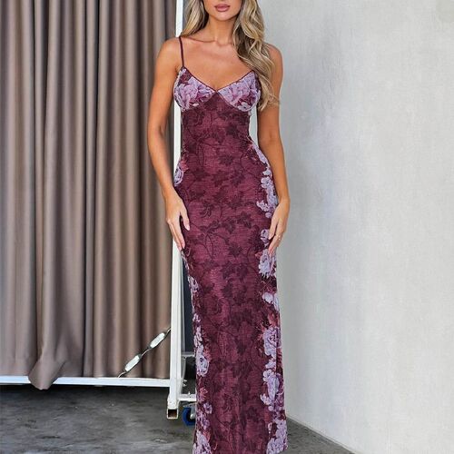 2025 Womens Vintage Print High-end Sling Dress Evening Gown