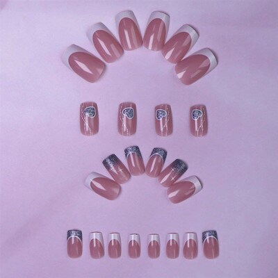 24PCS Press On Nails Short Pink Square Fingertip French Trim