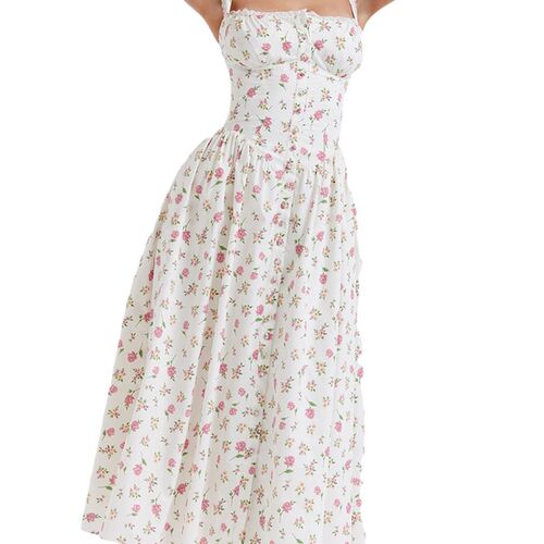 Womens Summer Midi Dress, Sleeveless Floral Print Button