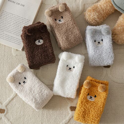 Women Socks 2022 Winter Cute Bear Coral Fleece Fuzzy Socks F