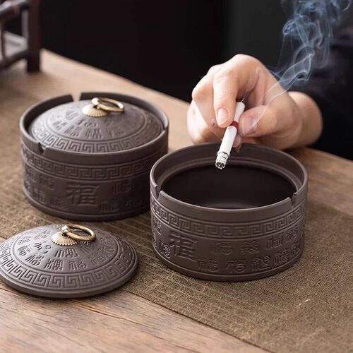 Living Room Purple Clay Ashtray with Lid Anti Fly Ash Smoke