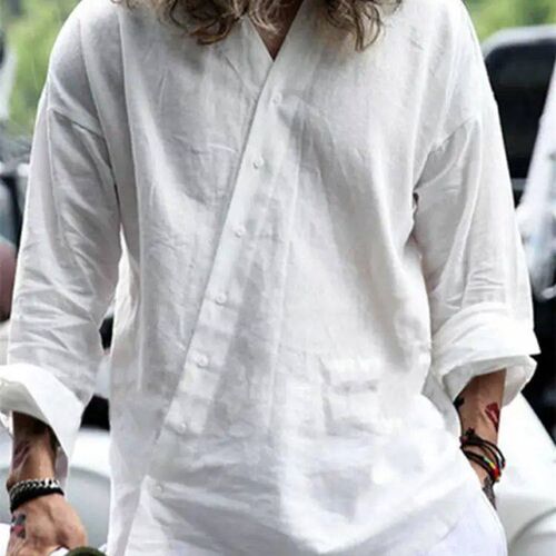 Casual Solid Color Cotton Linen Tops Men Vintage Button-up V