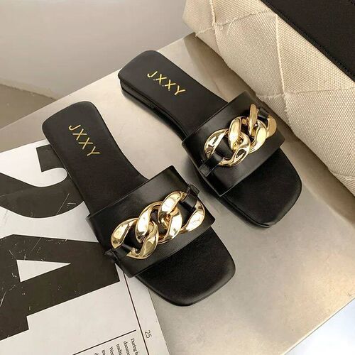 2024 New Fashion Womens Slippers Square Toe Chain Slippers