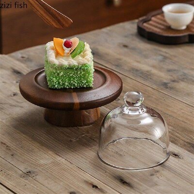 Acacia Wood Glass Lid Cake Tray Mini High Footed Dessert