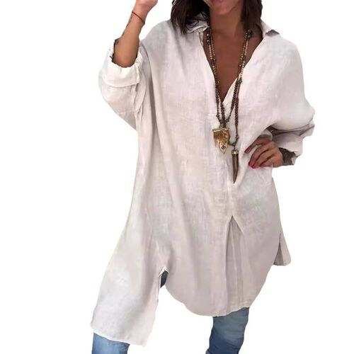 2025 Womens Casual tton And Linen Split Loose Shirt Dress