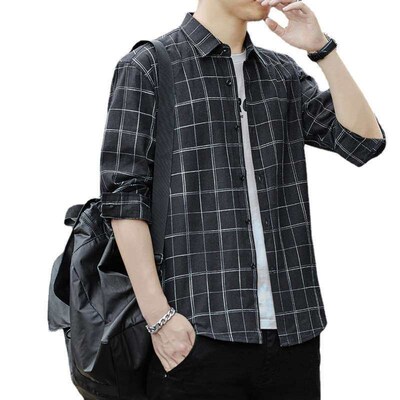 New Autumn Plaid Long-sleeved Shirt Mens Slim-fit Fashionab