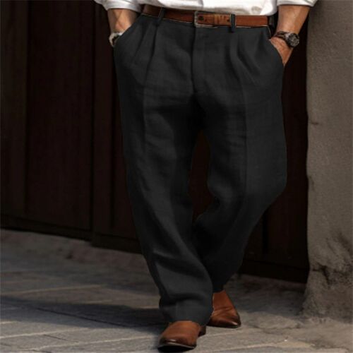 Mens Linen Trousers Double Pleated Front Bag Straight Solid