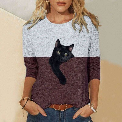 Plus Size Cat Blouses 5xl Casual Contrast Color Cat Print Sh