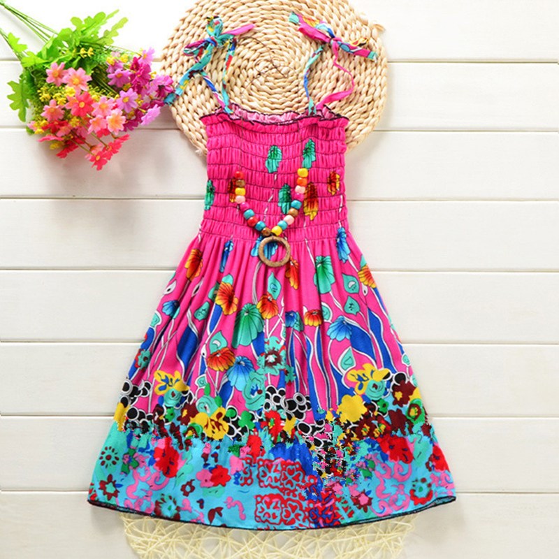 2023 Summer Girls Floral Dress Sling Ruffles Bohemian Beach图片