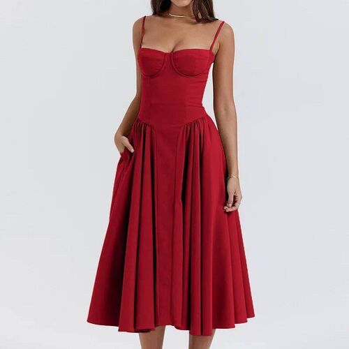Elegant Slim Backless Sling Red Dress Women Fashion Solid Su